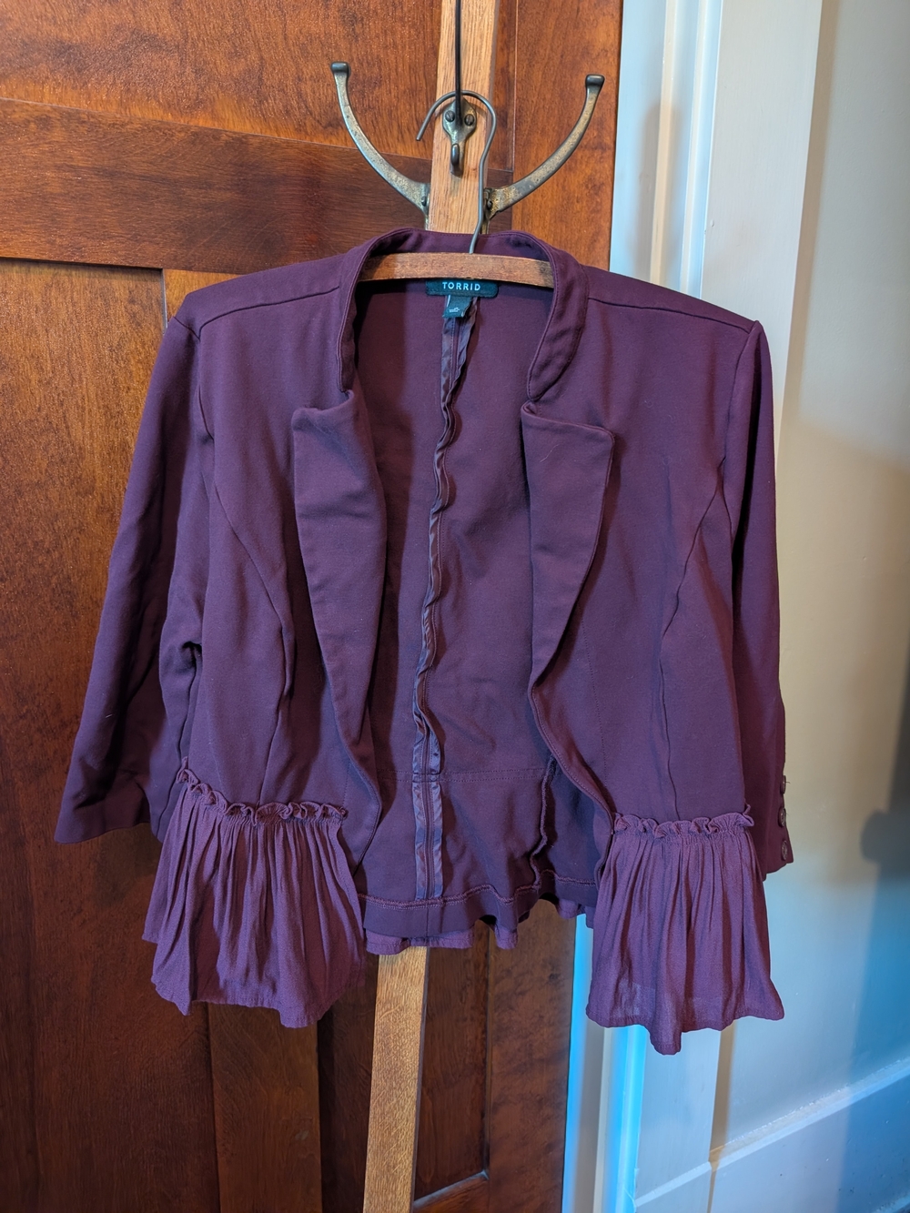 torrid plum peplum ruffle sleeve open-front jacket